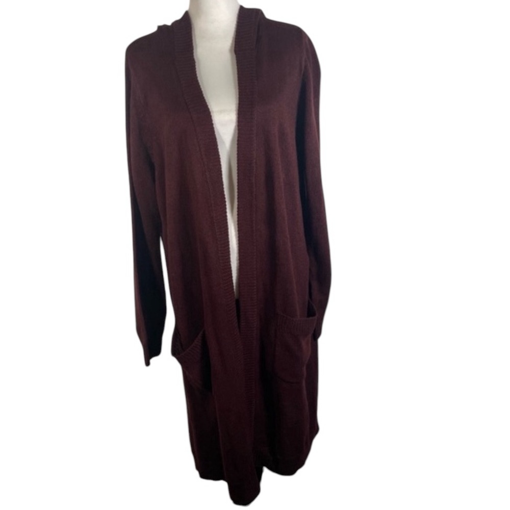 NY & Co Burgundy Open Front Hooded Tight Knit Long Sleeve Cardigan Sweater XL